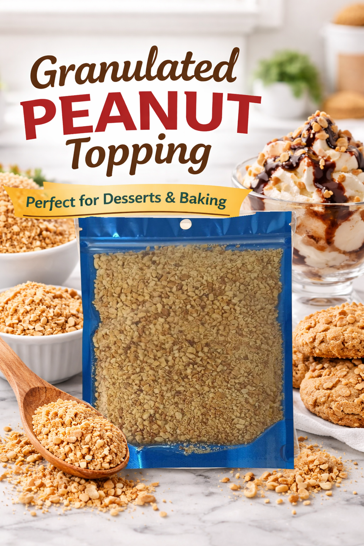 Dry roasted granulated peanuts for baking and dessert toppings