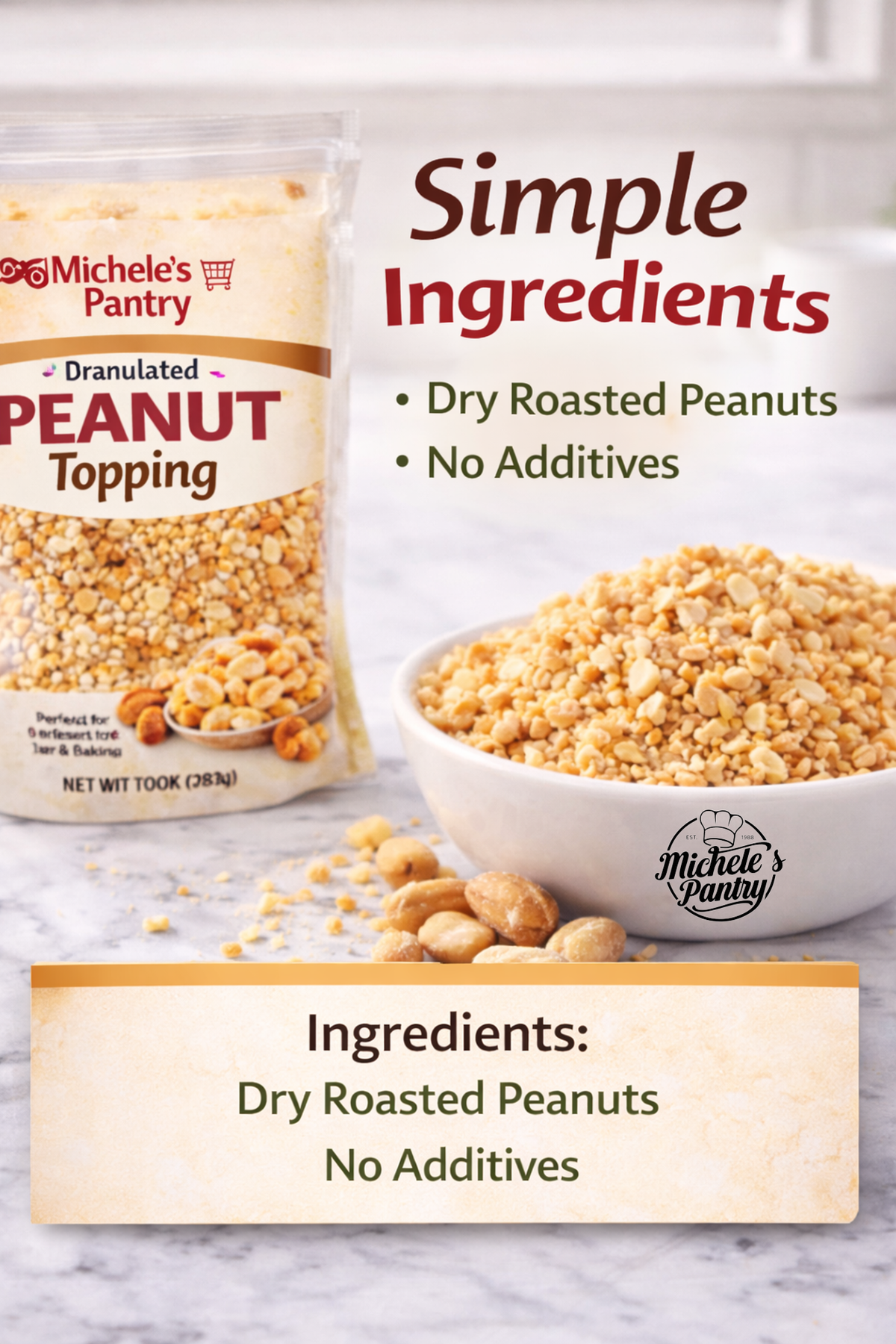 Dry roasted granulated peanuts for baking and dessert toppings simple ingredient