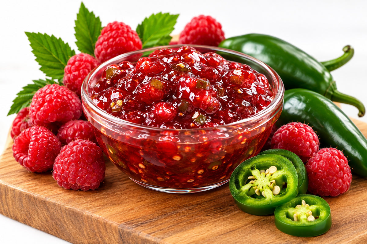 A clear glass bowl filled with chunky red raspberry jam or chutney, styled on a wooden cutting board with fresh raspberries, sliced jalapeños, whole jalapeños, and green leaves on a white background.