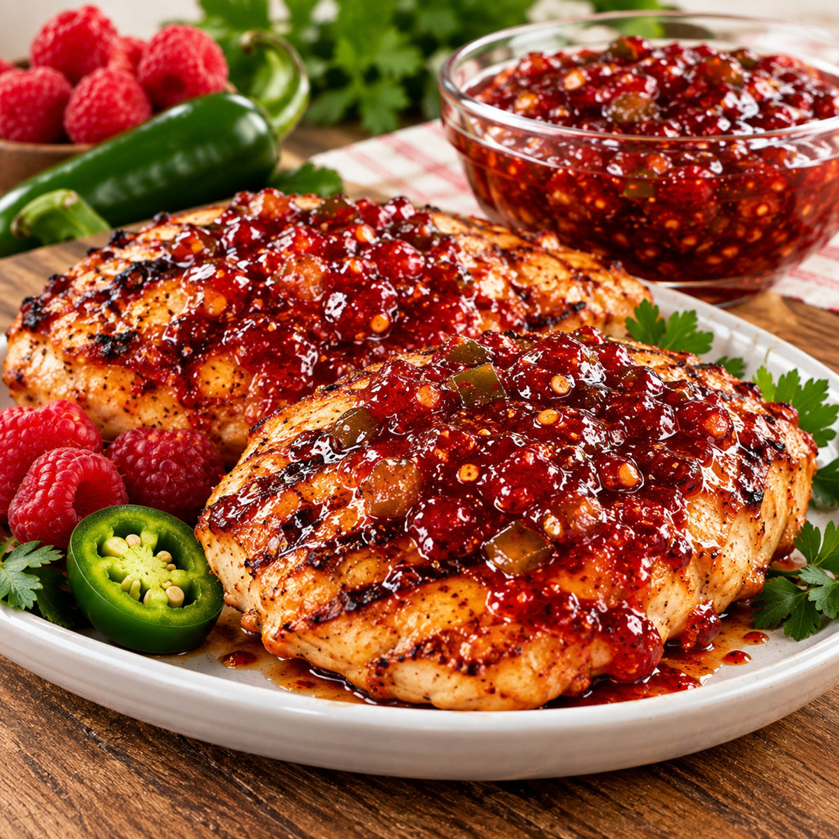 Grilled chicken breasts topped with a thick red chili oil sauce, served on a white plate with fresh raspberries, sliced jalapeño, and cilantro, with a glass bowl of more sauce in the background
