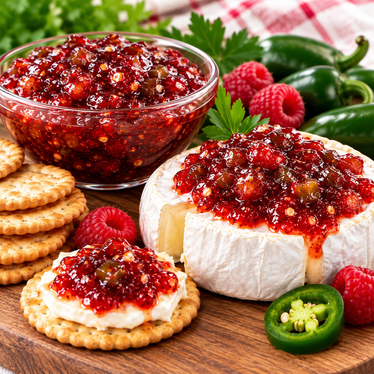 A glass bowl filled with a chunky red fruit jam or chutney sits on a wooden board beside a wheel of brie cheese topped with the same jam, crackers, raspberries, parsley, green peppers, and a slice of jalapeño. No person or animal is present, and this is a styled food product shot rather than a real environment scene, so Product/Packaging fits best.