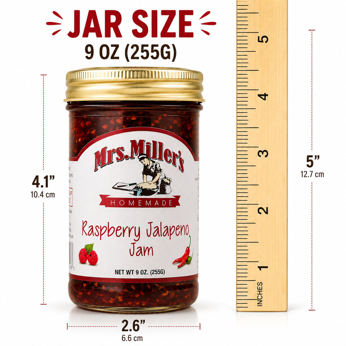 A jar of Mrs. Miller's Homemade Raspberry Jalapeño Jam shown on a white background with measurement callouts for height, width, and a wooden ruler indicating the jar size as 9 oz (255G).