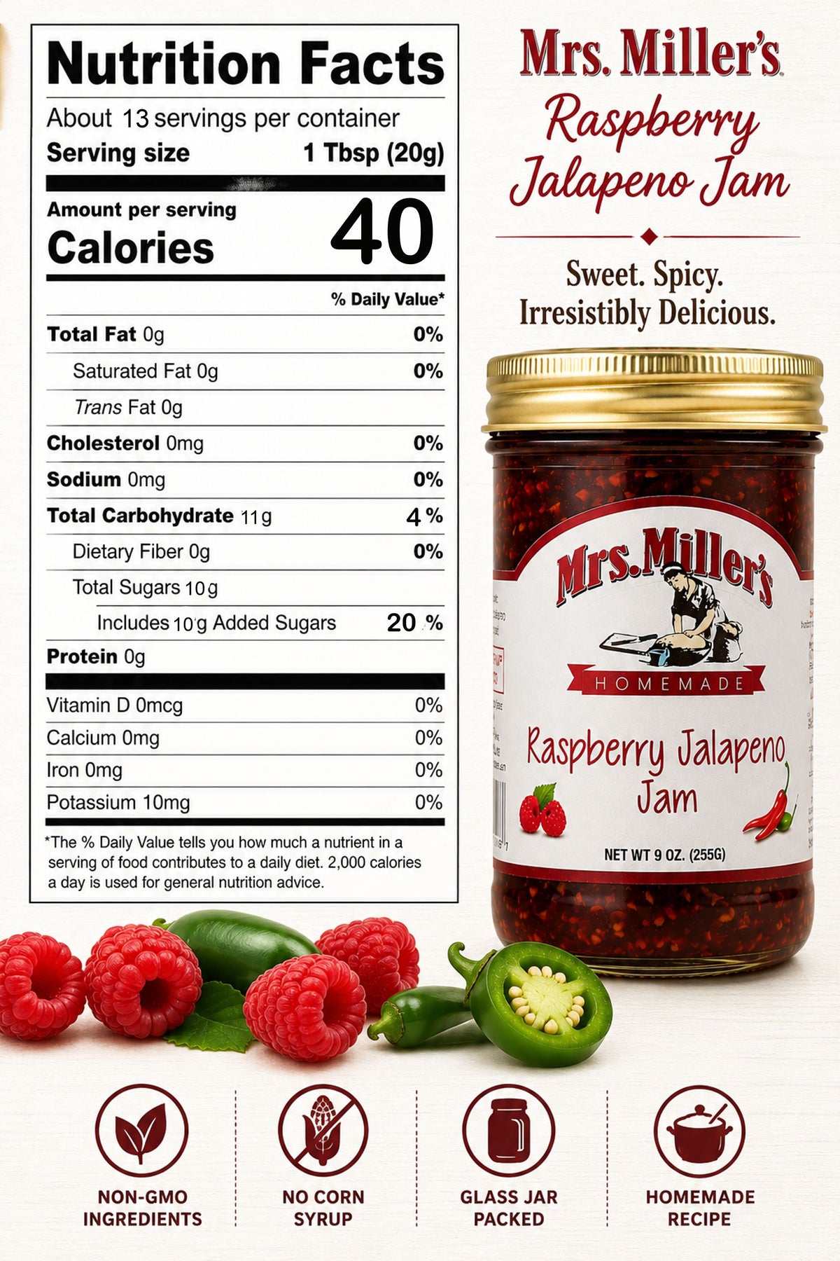 A jar of Mrs. Miller's Homemade Raspberry Jalapeño Jam shown with a large Nutrition Facts label, product title text, and fresh ingredients including raspberries, jalapeños, and a spoonful of jam at the bottom.