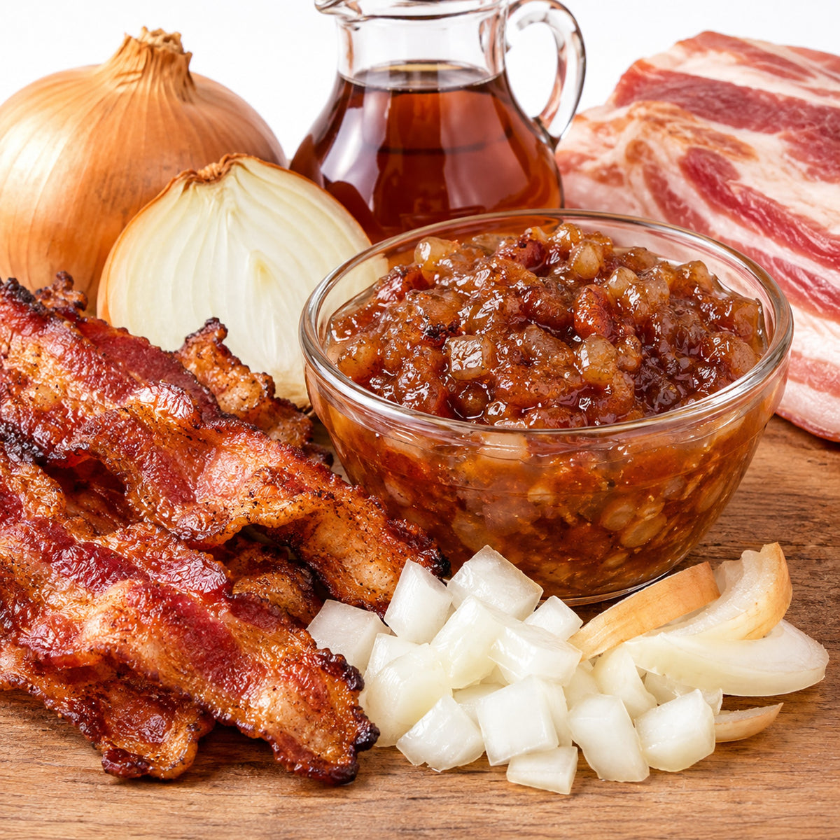 A glass bowl filled with a chunky brown sauce or chutney, styled with cooked bacon, chopped white onions, a whole onion, sliced onions, a bottle of dark syrup, and raw pork belly on a wooden surface.