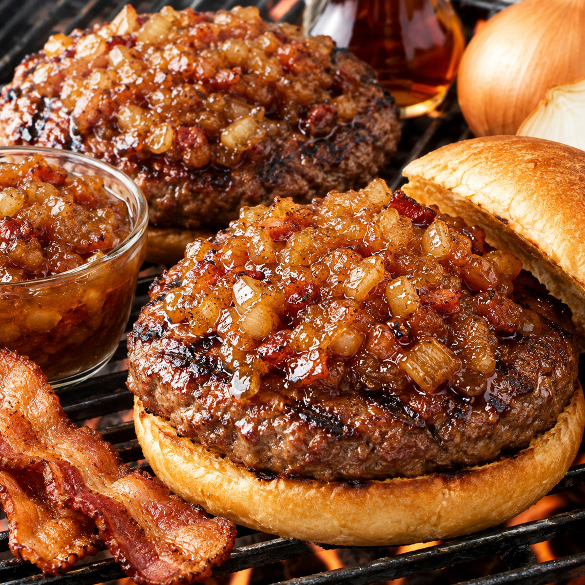 Two grilled hamburger patties topped with a glossy caramelized onion and bacon sauce, served on a bun on a grill with bacon strips and a small glass bowl of the sauce. An onion is visible in the background.