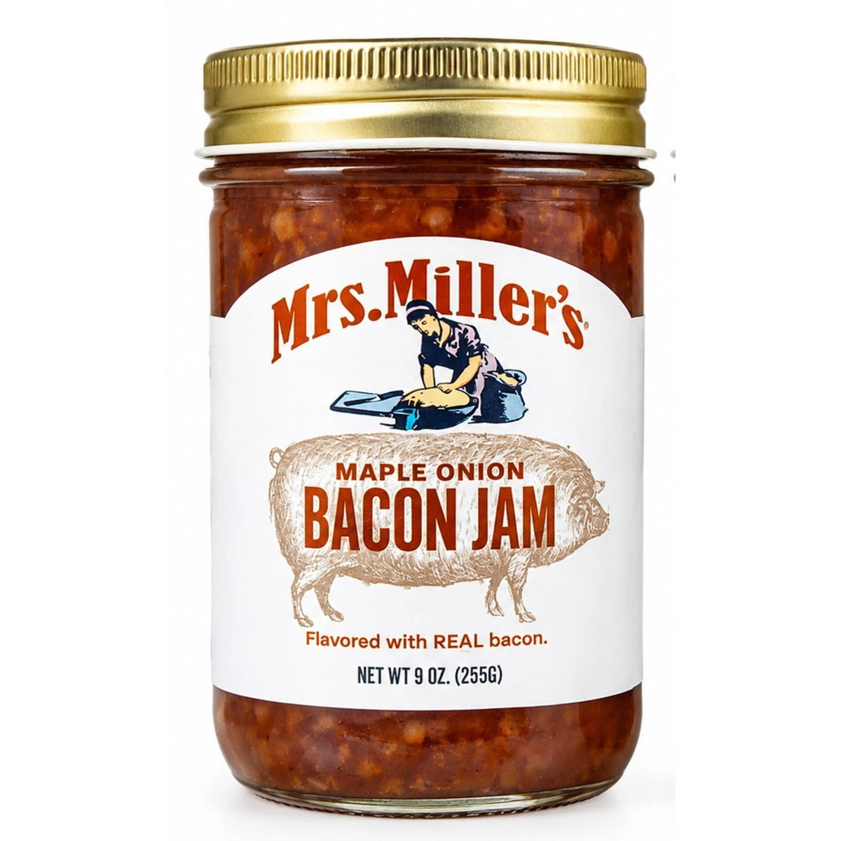 A 9 oz glass jar of Mrs. Miller's Maple Onion Bacon Jam with a gold metal lid and a white paper label featuring a pig illustration and the brand name.