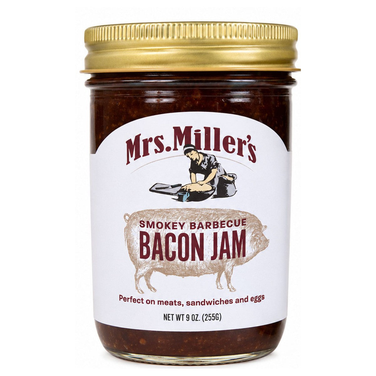 Single 9 oz glass jar of Mrs. Miller's Smokey Barbecue Bacon Jam gourmet spread.