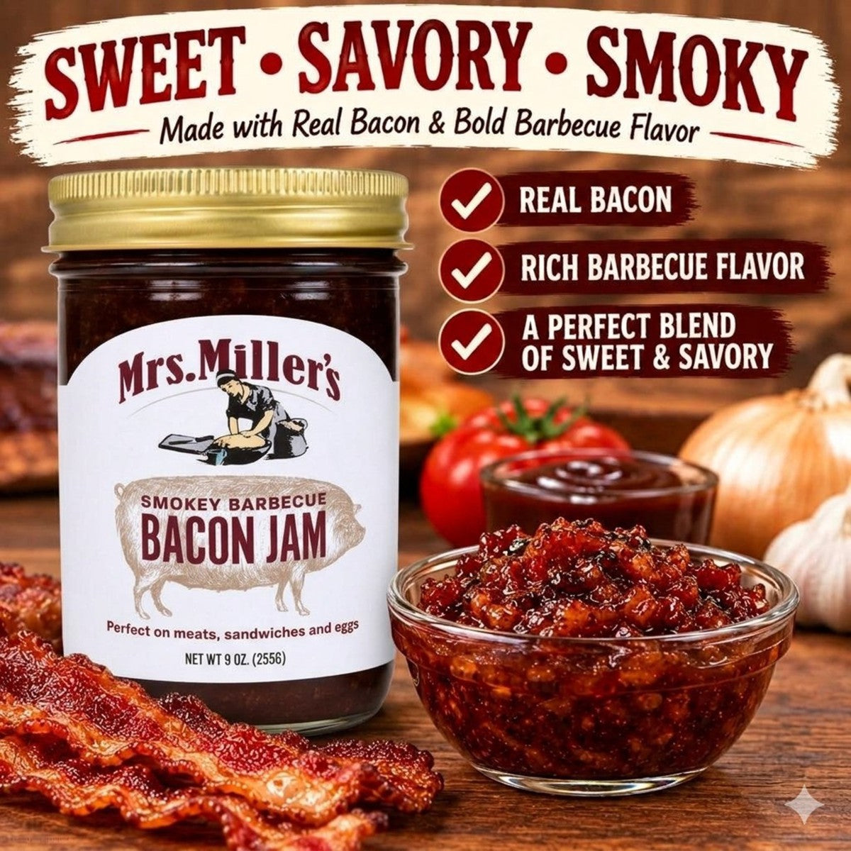 Mrs. Miller's Smokey Barbecue Bacon Jam infographic highlighting real bacon ingredients and sweet, savory, smoky flavor.