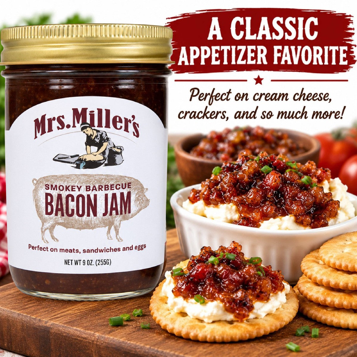 Mrs. Miller's Smokey Barbecue Bacon Jam appetizer serving idea on cream cheese and crackers.