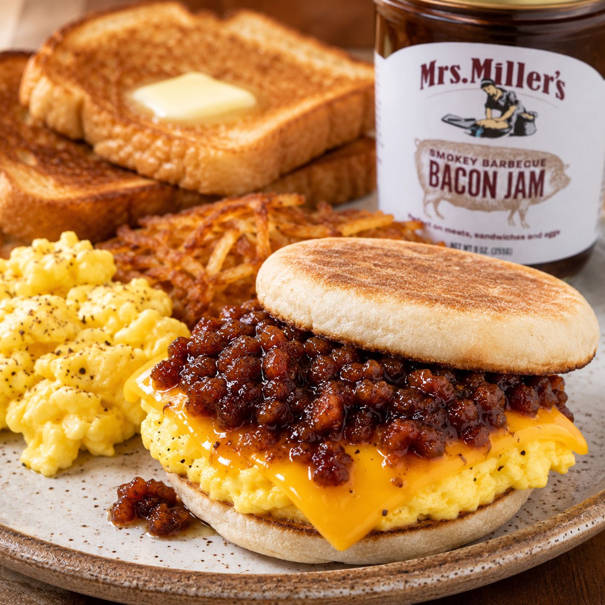 Breakfast sandwich featuring Mrs. Miller's Smokey Barbecue Bacon Jam on a toasted English muffin with egg and cheese.