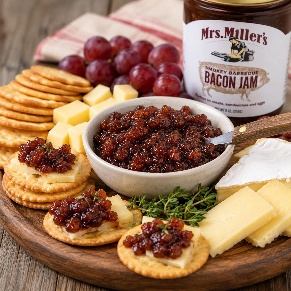 Gourmet charcuterie board pairing featuring Mrs. Miller's Smokey Barbecue Bacon Jam with crackers, cheese wedges, and grapes.