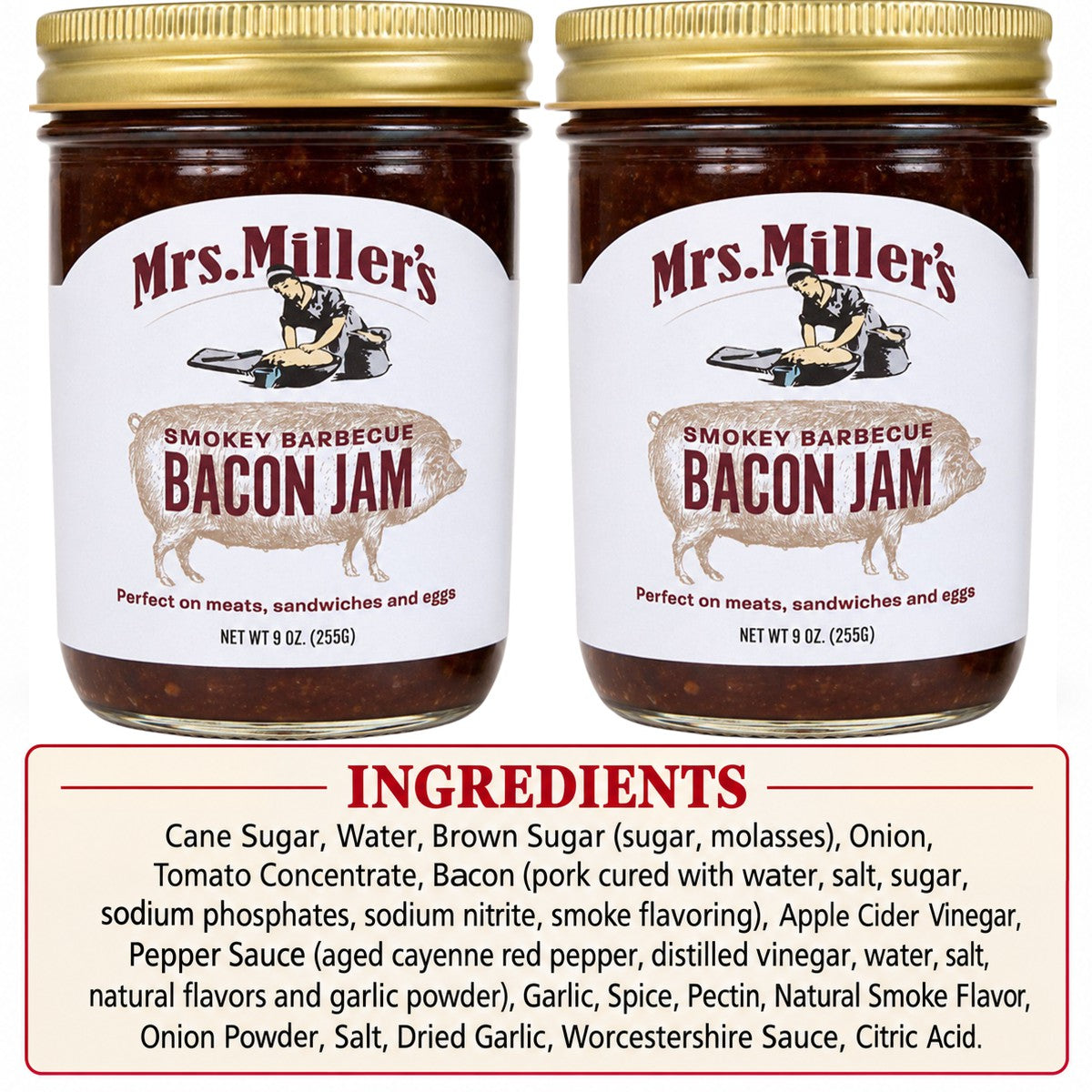 Mrs. Miller's Smokey Barbecue Bacon Jam ingredients list shows real bacon, cane sugar, and bold spices.