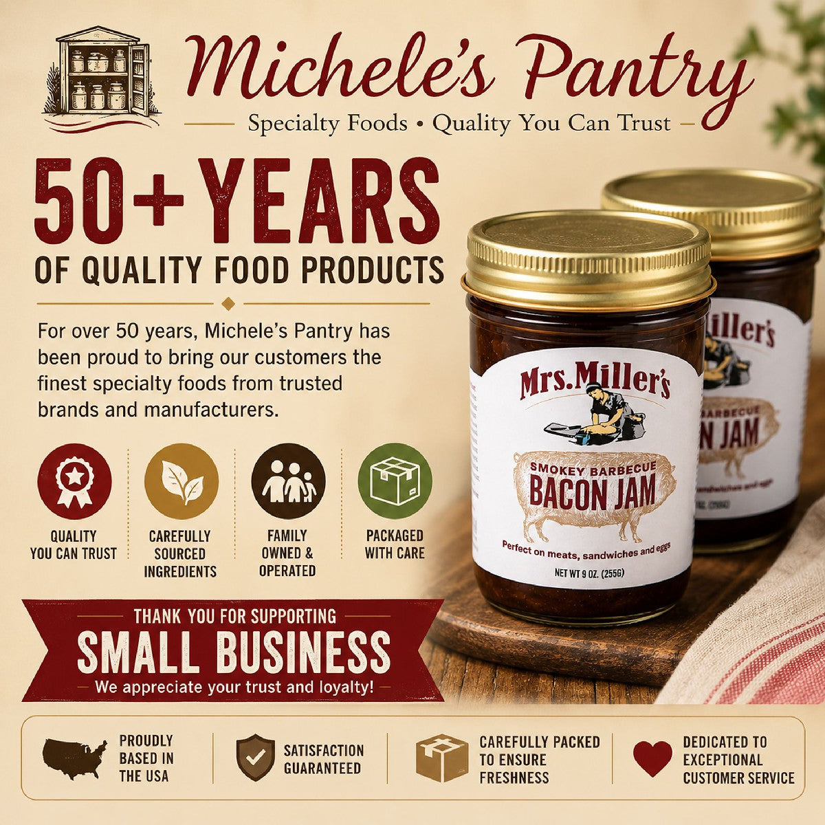 Michele's Pantry small business promotional banner for Mrs. Miller's Smokey Barbecue Bacon Jam highlighting over 50 years of quality.