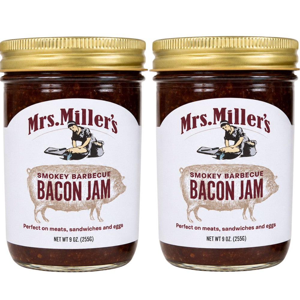 Mrs. Miller's Smokey Barbecue Bacon Jam 2-Pack, two 9 oz glass jars of gourmet barbecue bacon spread.
