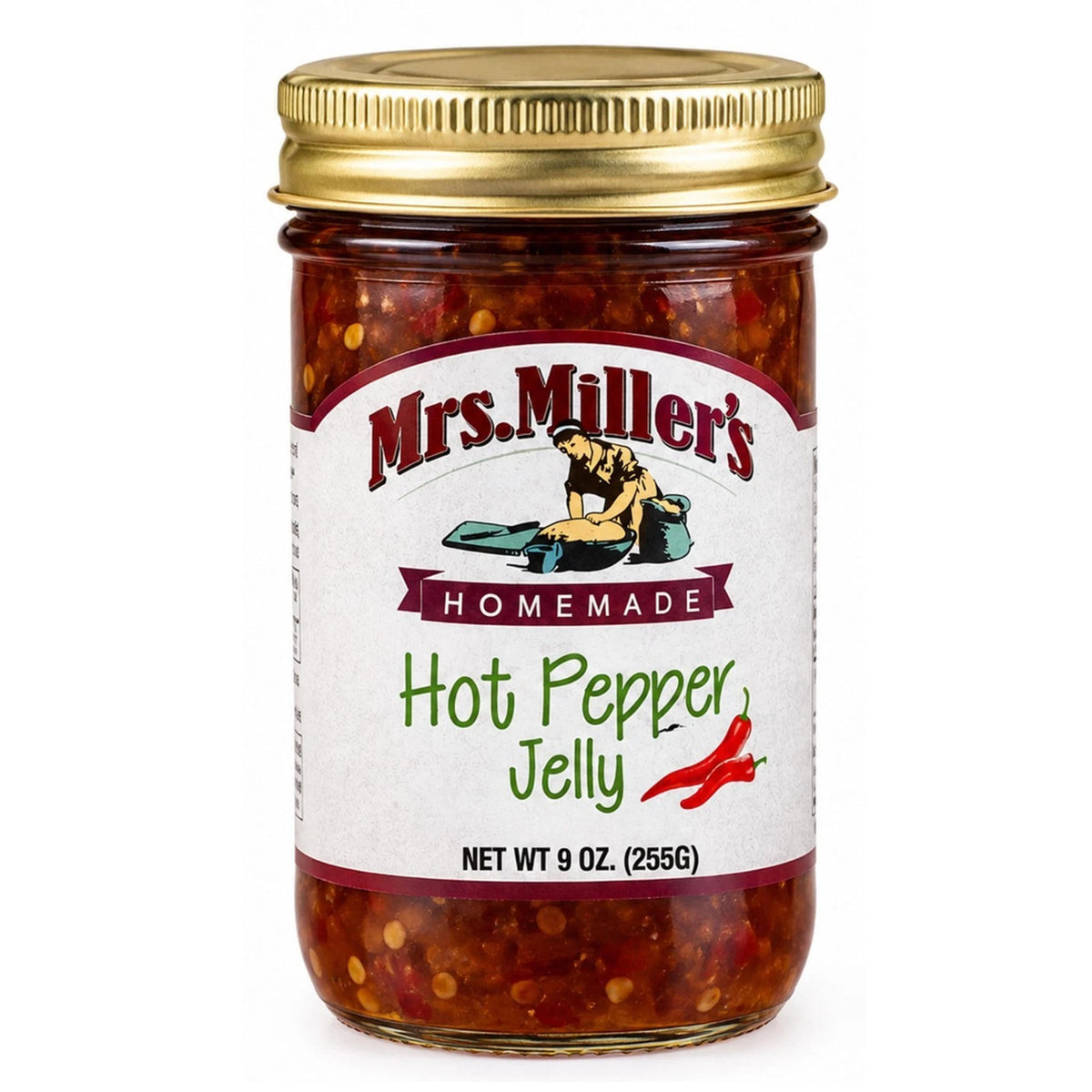 A 9 oz glass jar of Mrs. Miller's Homemade Hot Pepper Jelly with a gold metal lid and a white label, set against a plain white background.