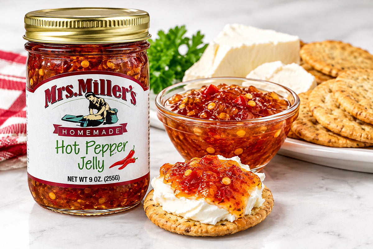 A jar of Mrs. Miller's Homemade Hot Pepper Jelly is shown on a marble surface with a glass bowl of the jelly, crackers, cheese, and parsley in a styled food setting.