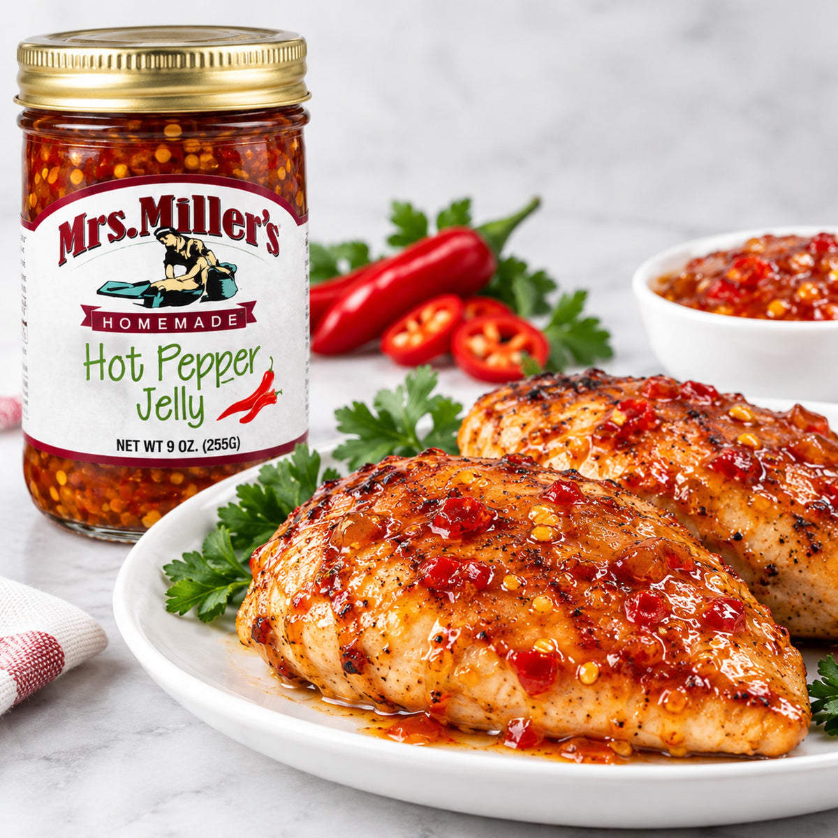 A jar of Mrs. Miller's Homemade Hot Pepper Jelly is shown beside plated cooked chicken breasts topped with red chili sauce, with red chilies and parsley on a light marble surface.