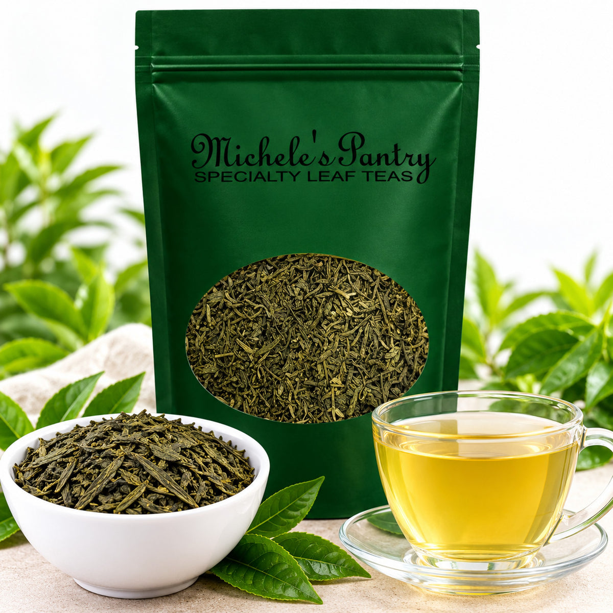 Michele's Pantry 14 oz Flavored Green Tea loose-leaf tea in sealed bag