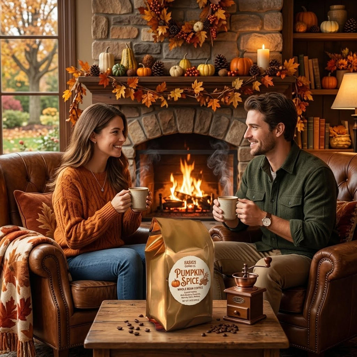 A cozy autumn living room scene with a couple sitting in leather armchairs by a fireplace, each holding a mug. A large bag labeled 'Pumpkin Spice' coffee sits on a wooden table in front of them, with coffee beans scattered around and a rustic coffee grinder nearby.