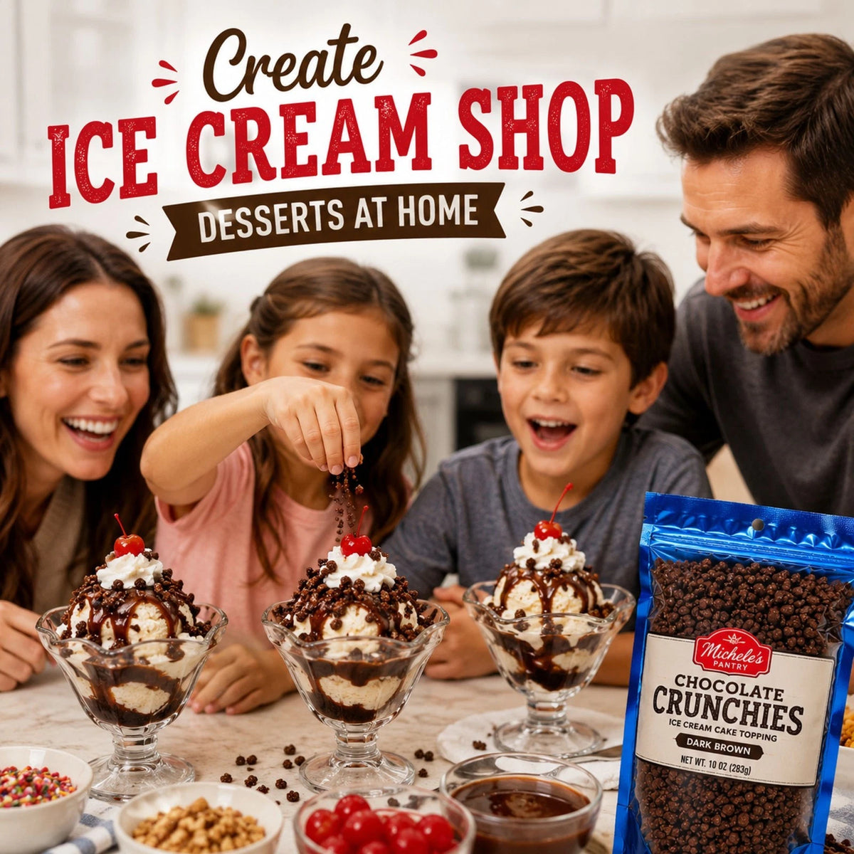 Michele's Pantry Chocolate Crunchies 10 oz package with dessert