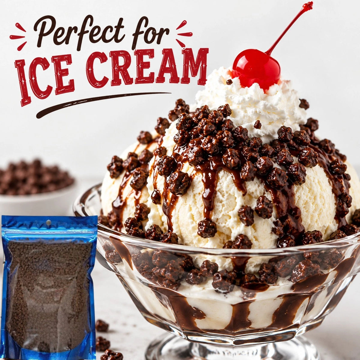 Michele's Pantry Chocolate Crunchies on an ice cream sundae