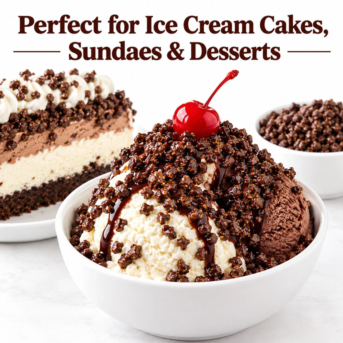 Michele's Pantry Chocolate Crunchies used as an ice cream cake topping